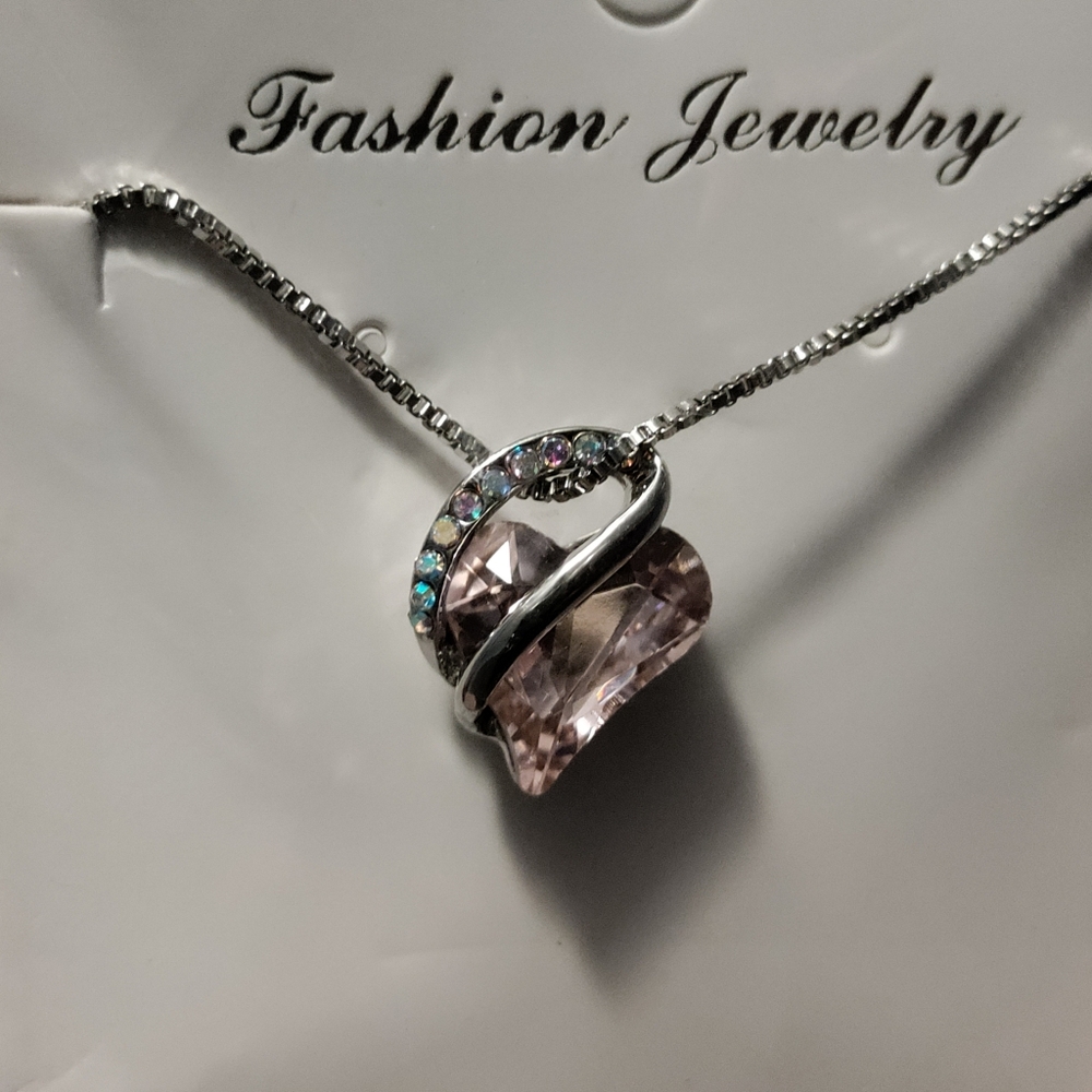 NEW Stainless Steel Elegant Pink Crystal Necklace